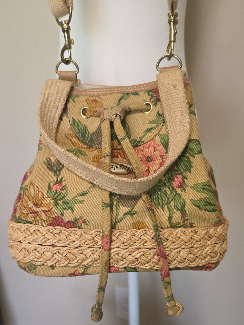 Vintage Carpetbags of America Floral Tapestry Bucket Bag Braided Straw Trim